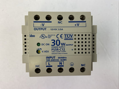 IDEC PS5R-C12 POWER SUPPLY OUTPUT 12VDC 2.5A 30W INPUT 100-240VAC 50/60HZ 0.68A0