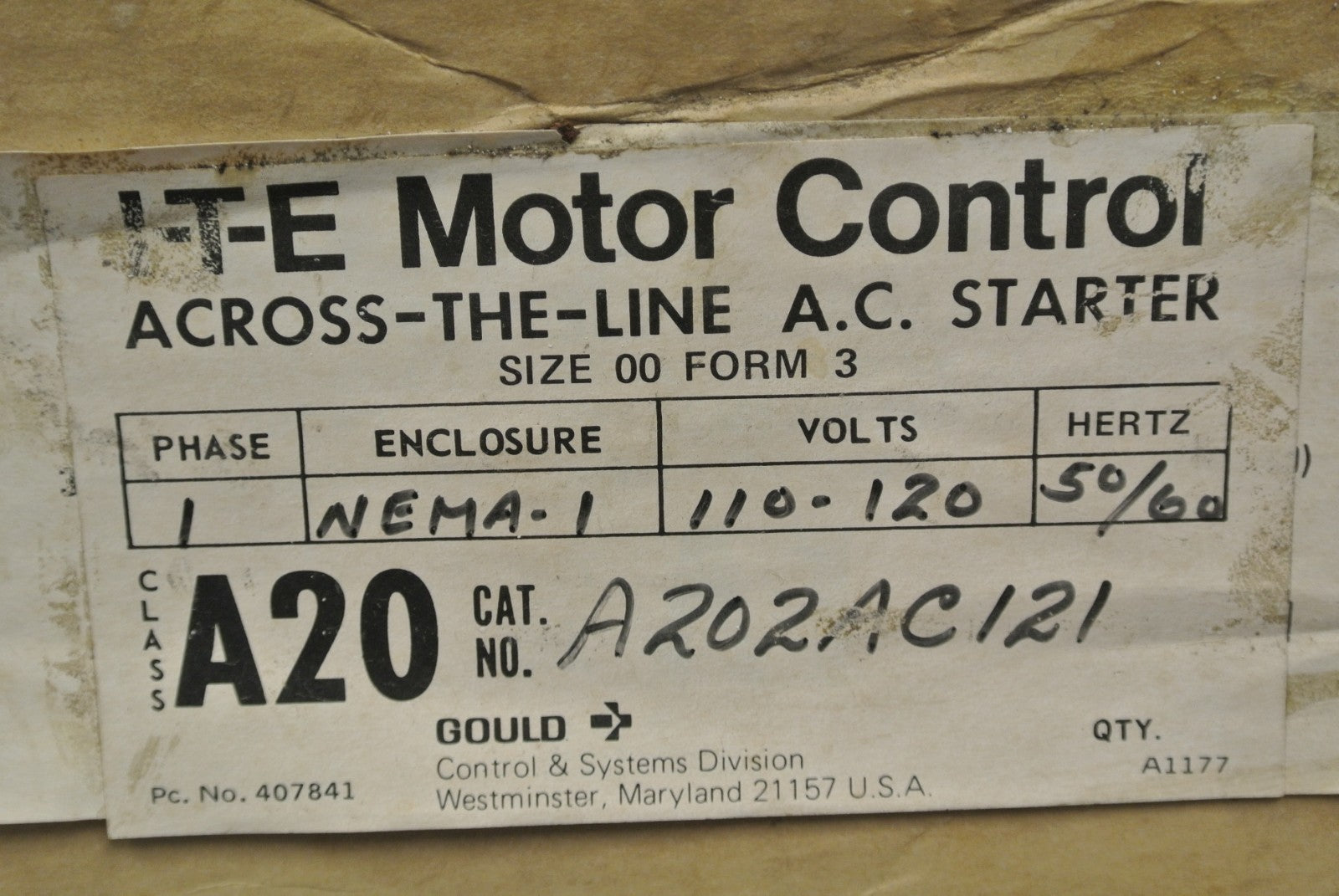 I-T-E A202AC121 / MOTOR CONTROL AC STARTER / SIZE 00 / 110120V / NEW SURPLUS1