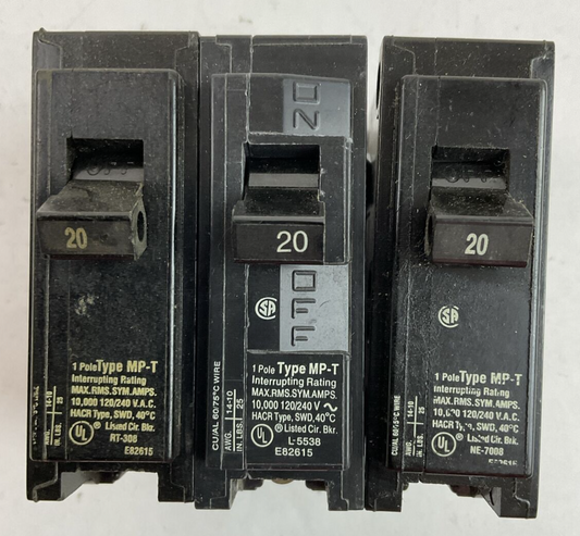 MURRAY MP120 1POLE CIRCUIT BREAKER 20AMP 120/240VAC TYPE MP-T (LOT OF 3)0