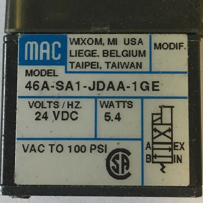 MAC 46A-SA1-JDAA-1GE SOLENOID VALVE 24VDC 5.4WATT 100PSI  ***LOTOF4***2