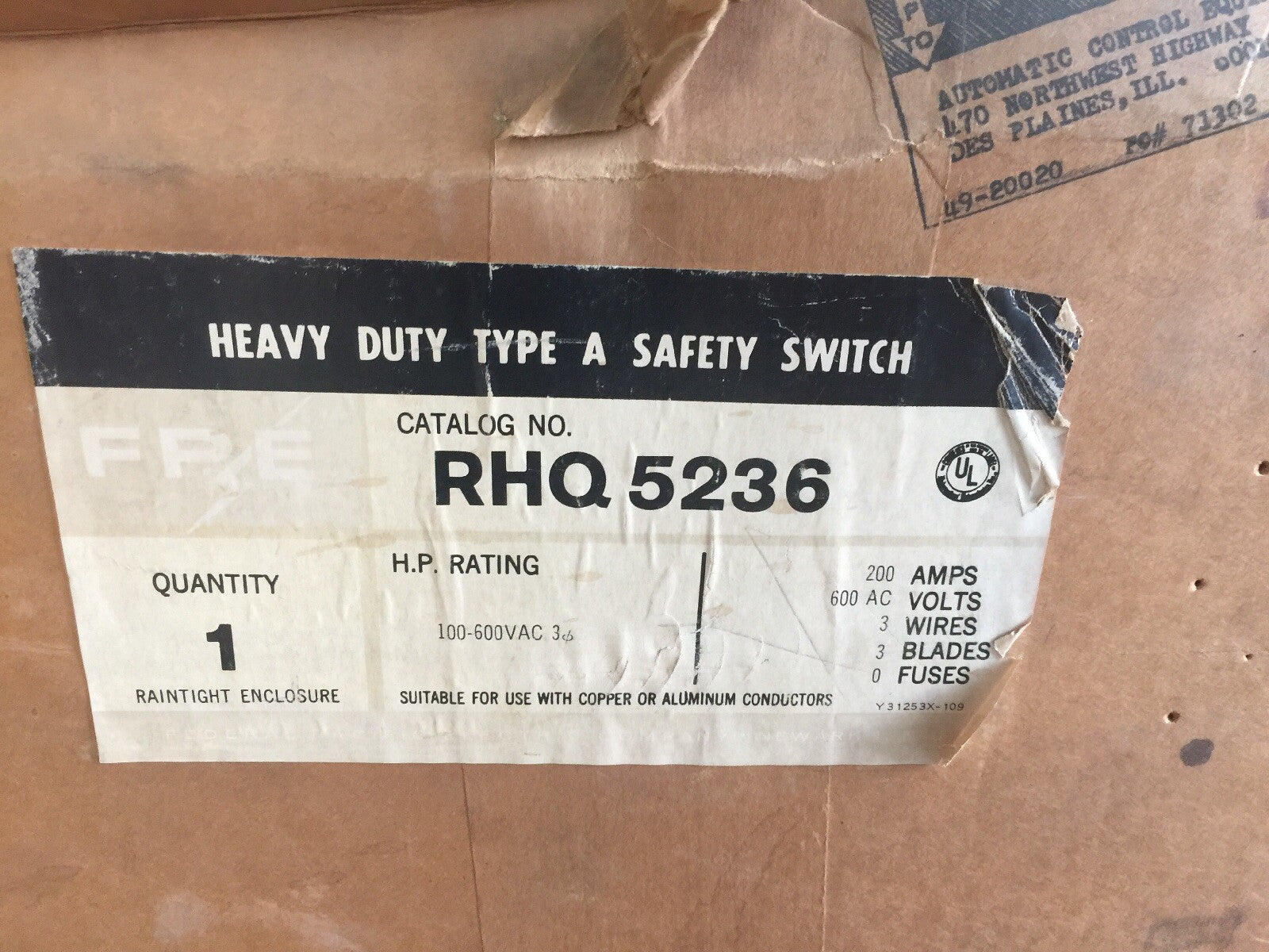 FPE RHQ5236 HEAVY DUTY TYPE A SAFETY SWITCH NON-FUSIBLE 200A 600VAC RAINTIGHT 1