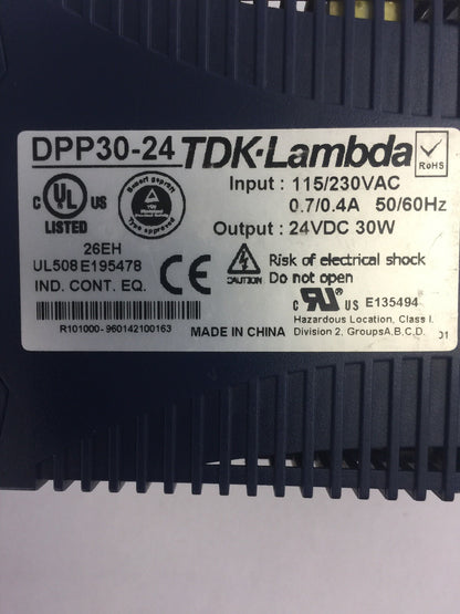 TDK LAMBDA DPP30-24 POWER SUPPLY INPUT 115/230VAC 0.7/0.4A OUTPUT 24VDC 30W 1.3A1