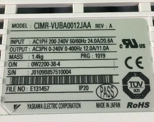 YASKAWA V1000 DRIVE CIMR-VUBA0012JAA 1PH 24A INPUT 3PH 12A OUTPUT1