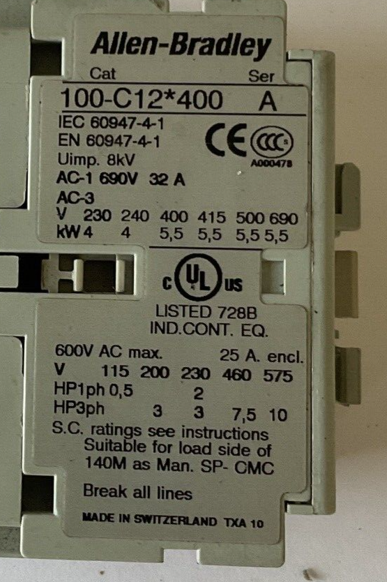 ALLEN BRADLEY 100-C12*400 CONTACTOR SER.A 600VAC 25A8