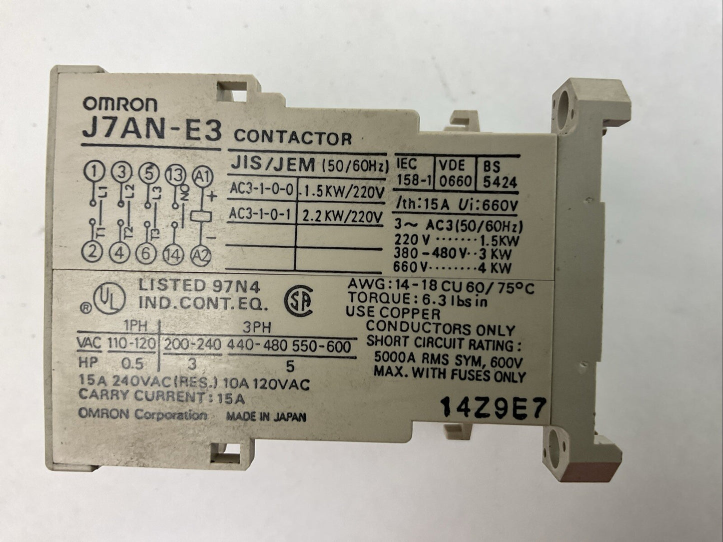 ONRON J7AN-E3 CONTACTOR 600VAC 15A 3PH 5HP COIL 24VDC1