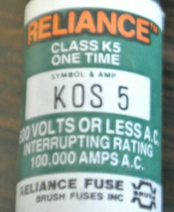 BOX of 10 / RELIANCE / BRUSH KOS5 ONE-TIME CLASS K5 FUSE / 5A / 600V NEW SURPLUS2