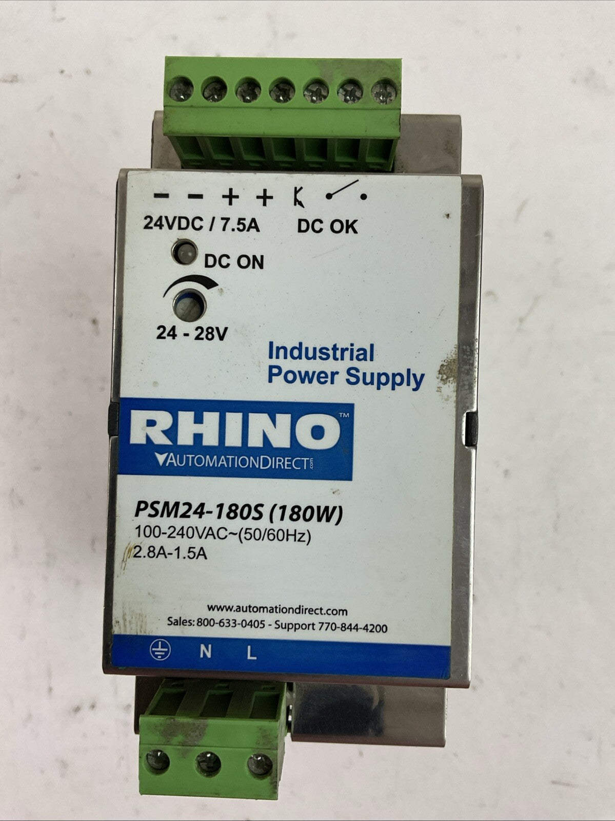 RHINO PSM24-180S INDUSTRIAL POWER SUPPLY 24VDC 7.5A 100-240VAC 2.8-1.5A0