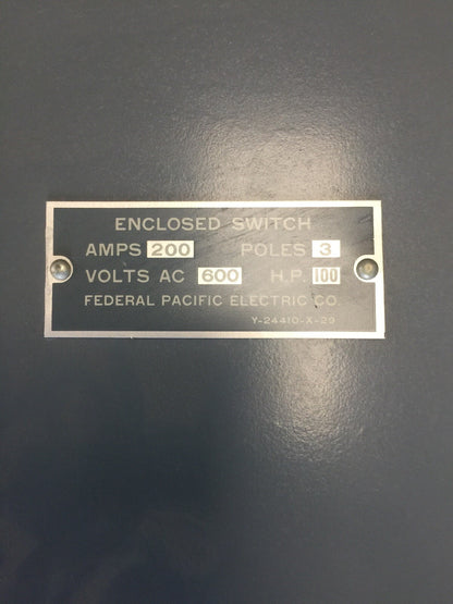 FPE RHQ5236 HEAVY DUTY TYPE A SAFETY SWITCH NON-FUSIBLE 200A 600VAC RAINTIGHT 2