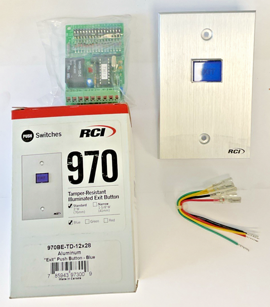 RCI 970BE-TD-12X28 ALUMINUM EXIT PUSH BUTTON BLUE 12V FRAME MOUNT0