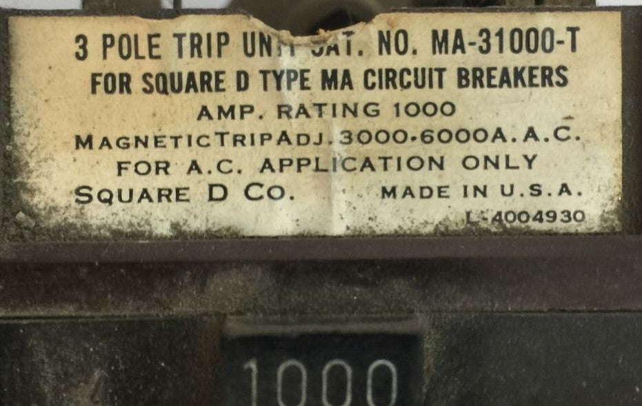 SQUARE D MA-31000-T TRIP UNIT 1000A MAG TRIP ADJ 3000-6000A 1