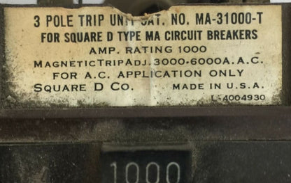 SQUARE D MA-31000-T TRIP UNIT 1000A MAG TRIP ADJ 3000-6000A 1