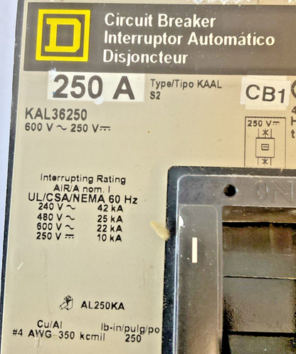 SQUARE D KAL36250 CIRCUIT BREAKER 250A 3P 600VAC 250VDC SERIES 21