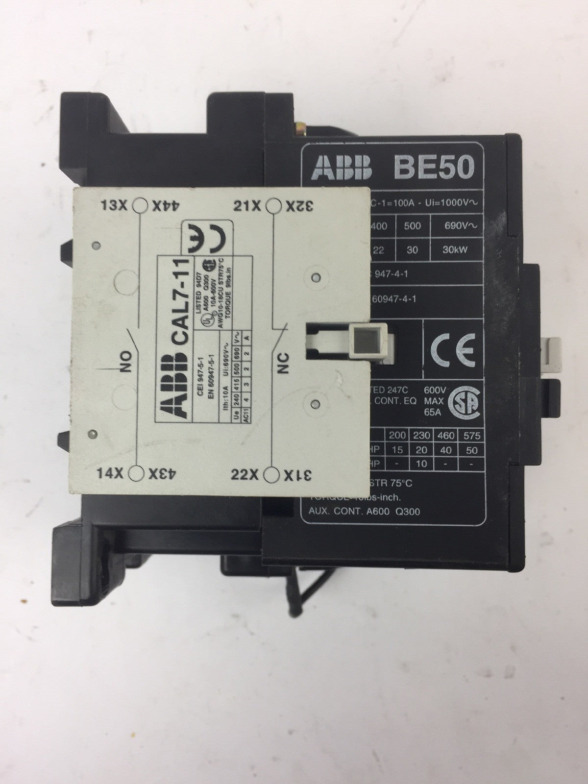 ABB BE50 CONTACTOR 600V 65A 3 POLE COIL 24VDC WITH CA L7 & CD L7 AUXILIARY CONTA3