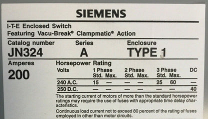 SIEMENS ITE JN324 VACU-BREAK SWITCH WITH CLAMPMATIC CONTACTS SER S 200A 240VAC1