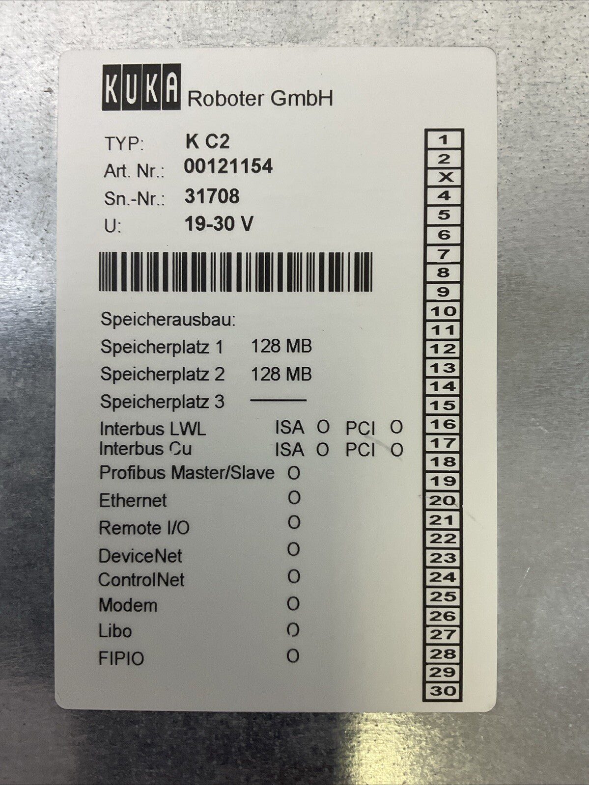 KUKA ROBOTER GmbH TYPE K C2 ART. NR.: 00121125 U: 19-30V COMPUTER1