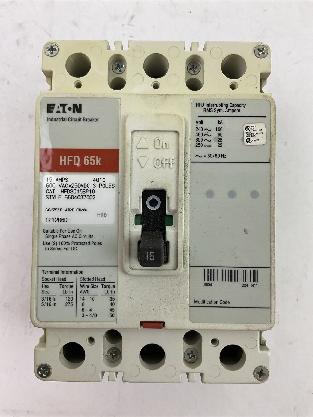 EATON HFD3015BP10 600VAC 250VDC 15AMP 3POLE 6604C37G02 CIRCUIT BREAKER HFD 65K0