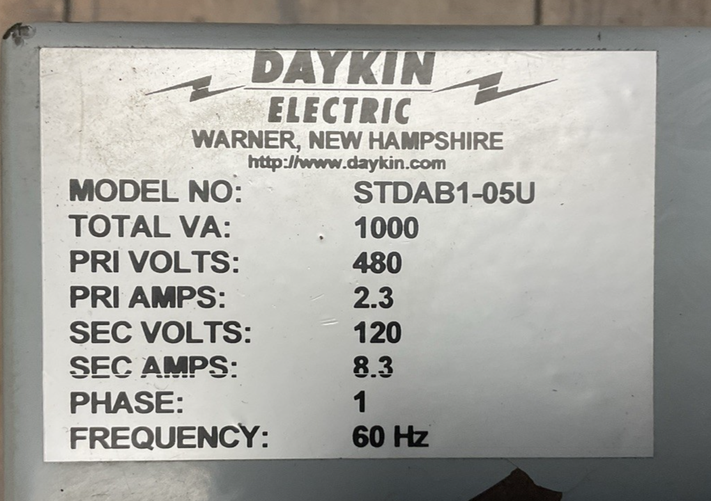 DAYKIN STDAB1-05U TRANSFORMER DISCONNECT 1000VA PRI 480V 2.3A SEC 120V 8.3A 1PH1