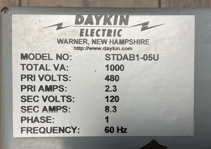 DAYKIN STDAB1-05U TRANSFORMER DISCONNECT 1000VA PRI 480V 2.3A SEC 120V 8.3A 1PH1