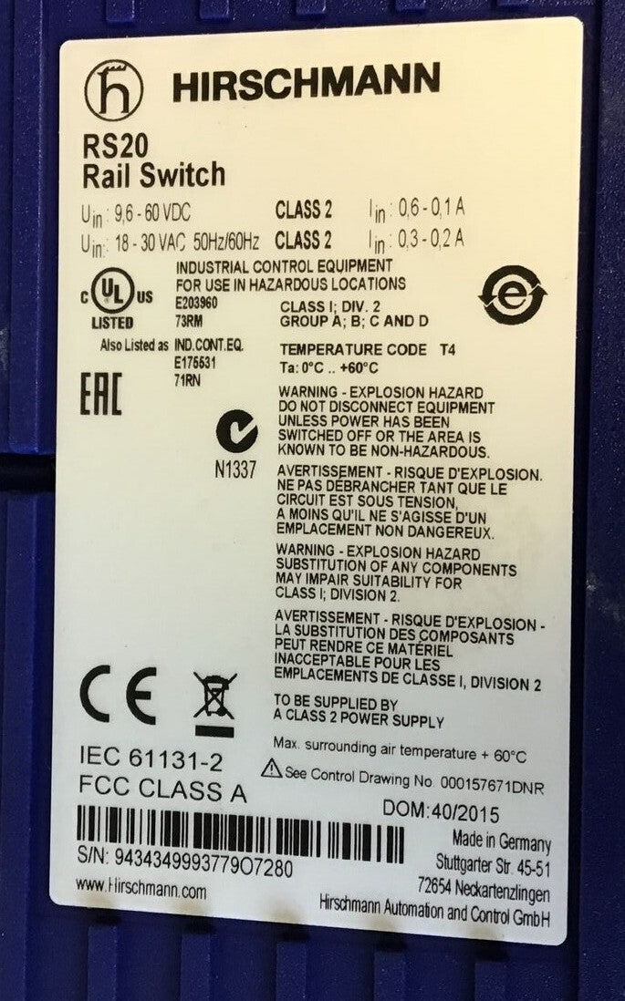 HIRSCHMANN RS20-0800T1T1SDAUHH ETHERNET RAIL SWITCH 8PORT 60VDC 30VAC 50HZ/60HZ6