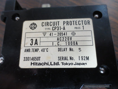 HITACHI CP31-A CIRCUIT PROTECTOR 3A 220VAC 1-POLE DELAY No. S3