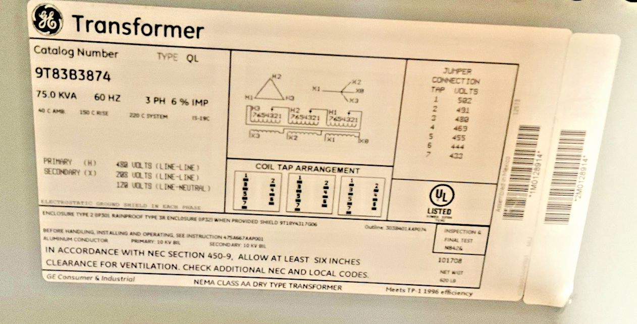 GE 9T83B3874 TRANSFORMER 75KVA TYPE QL 60HZ 3PH 480V1