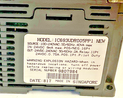 GE IC693UDR005PP1 PROGRAMMABLE CONTROLLER MODULE 40VA 240VAC SERIES 90 MICRO5