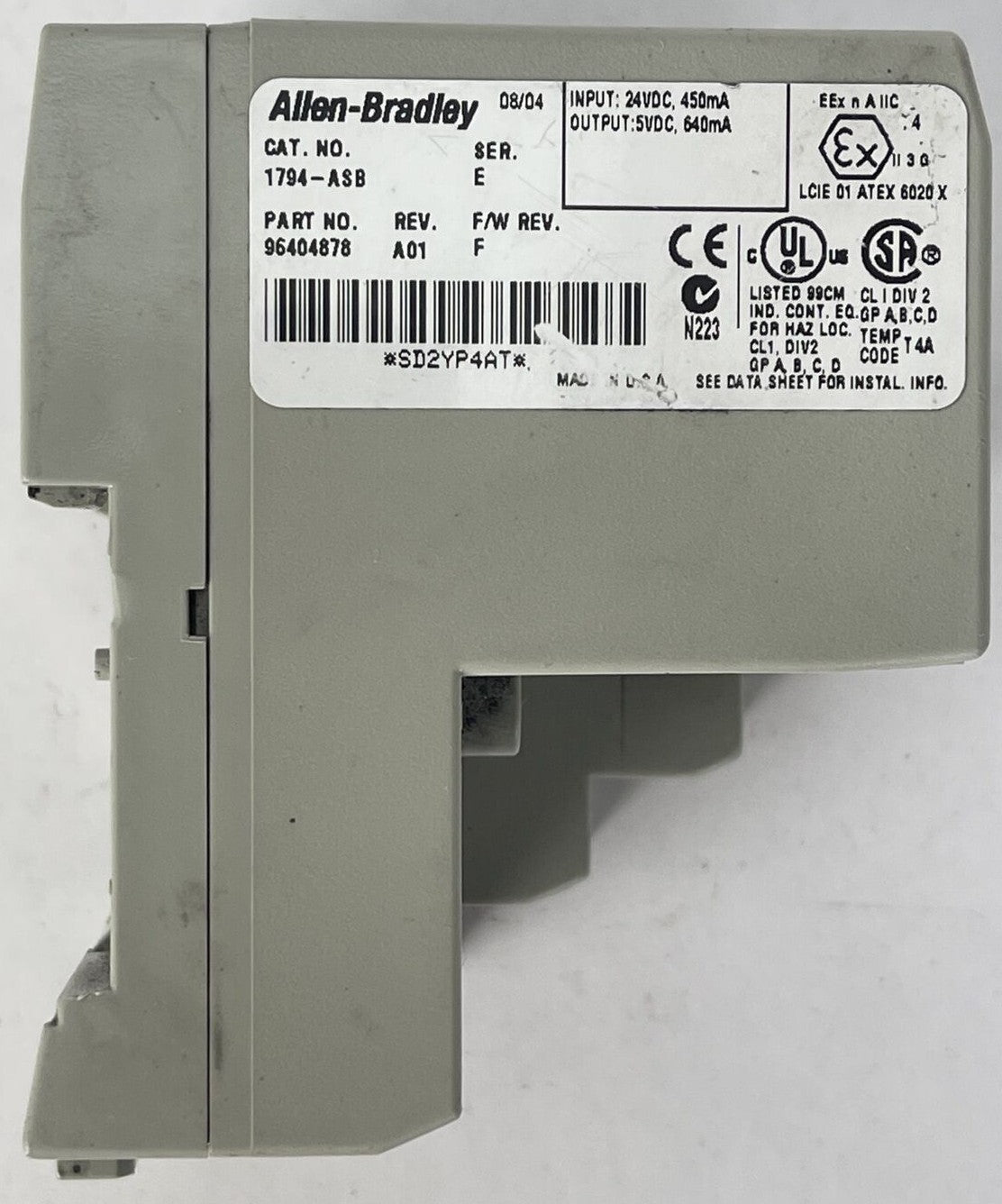 ALLEN BRADLEY 1794-ASB SER E REV A01 F/W REV F OUTPUT 5VDC INPUT 24VDC POWER1