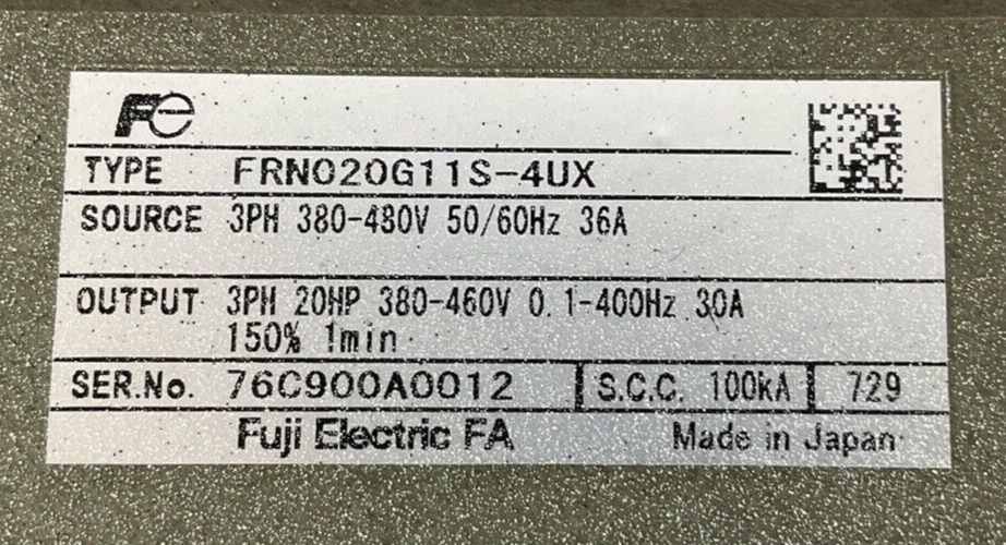 FUJI FRN020G11S-4UX FRENIC 5000G11 OUTPUT 3PH 20HP 380-460V30A SOURCE 380-480V1
