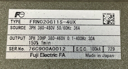 FUJI FRN020G11S-4UX FRENIC 5000G11 OUTPUT 3PH 20HP 380-460V30A SOURCE 380-480V1
