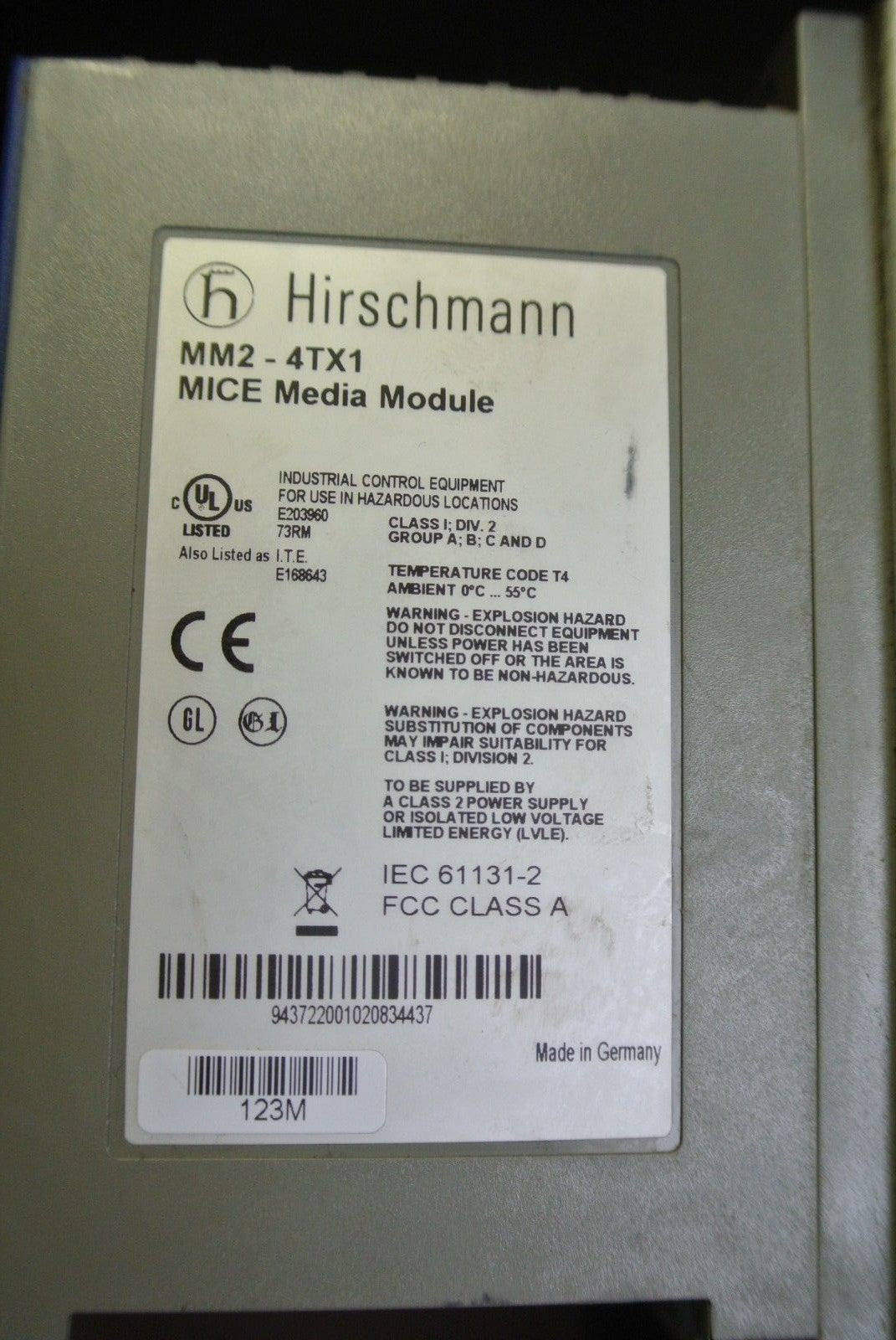 HIRSCHMANN MM2-4TX1 MICE MEDIA MODULES (2) on MB-2T MICE BACKPLANE1