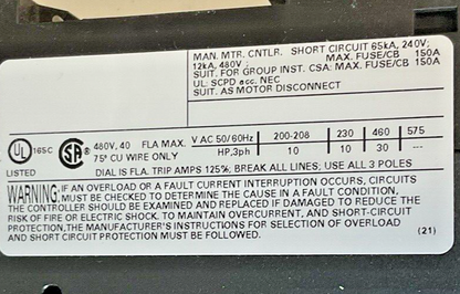 SIEMENS 3RV2021-4FA15 MOTOR CONTROL 24-40A6