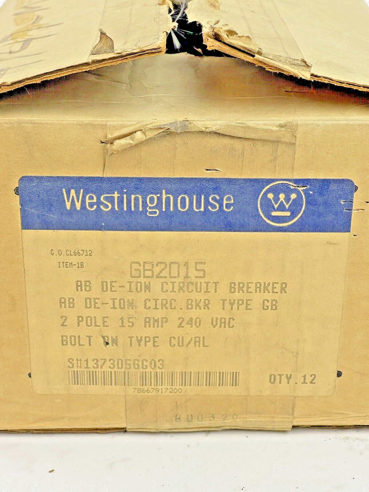 WESTINGHOUSE **BOX OF 12** - GB2015 - 15A/2 POLE/240 VAC/AB DE-ION/TYPE GB - NEW1