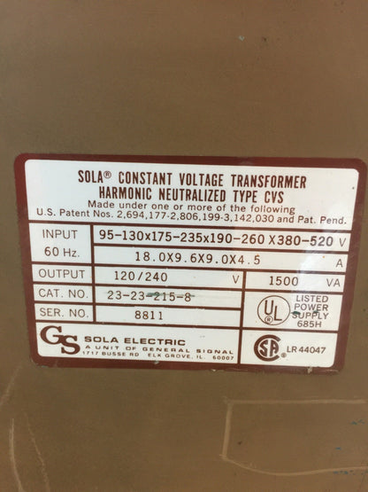 SOLA 23-23-215-8 CONSTANT VOLTAGE TRANSFORMER HARMONIC NEUTRALIZED 120/240V1