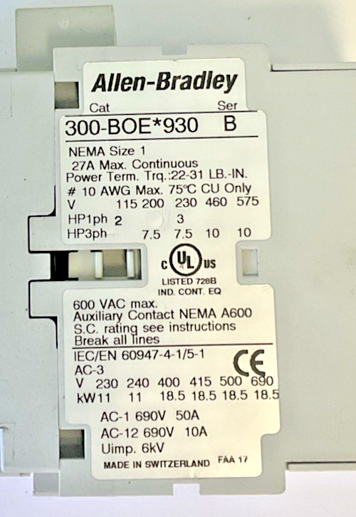 ALLEN BRADLEY 300-BOE*930 CONTACTOR  SER.B SIZE 1 27A 600VAC3