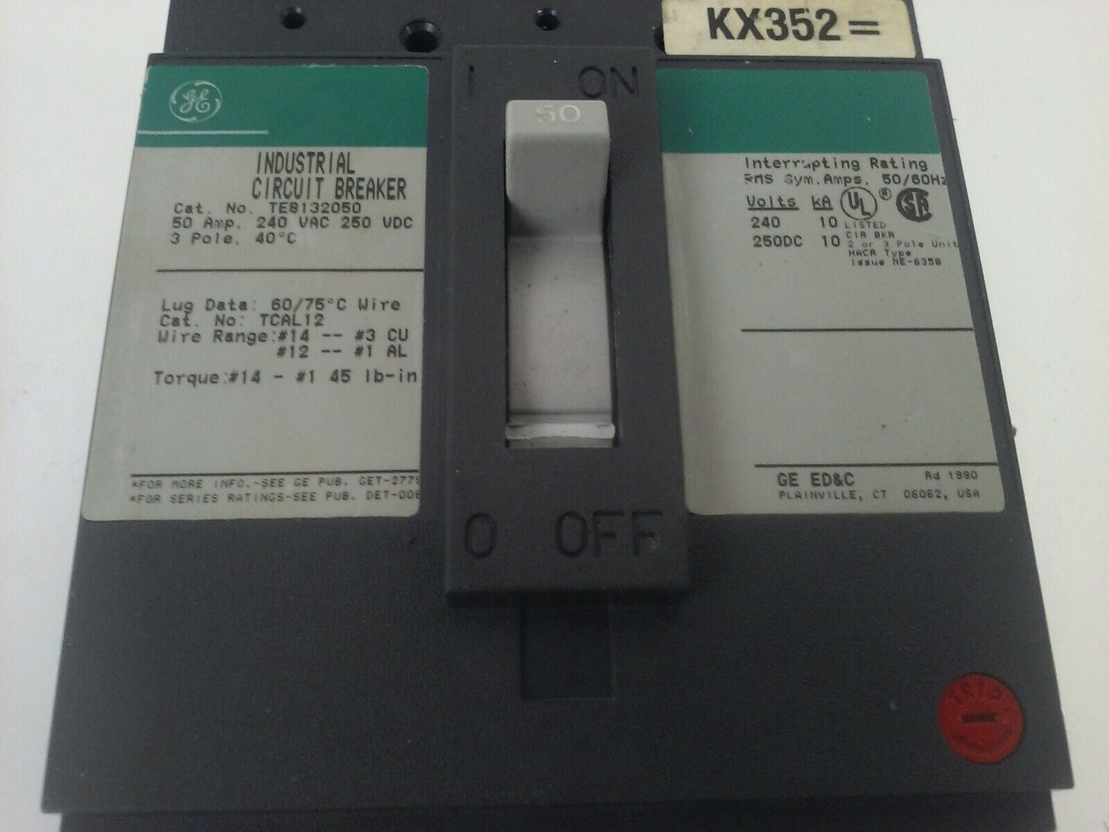 GENERAL ELECTRIC TEB132050 CIRCUIT BREAKER TRIP UNIT 3P 240V 50A 10Ka GREEN TAG1
