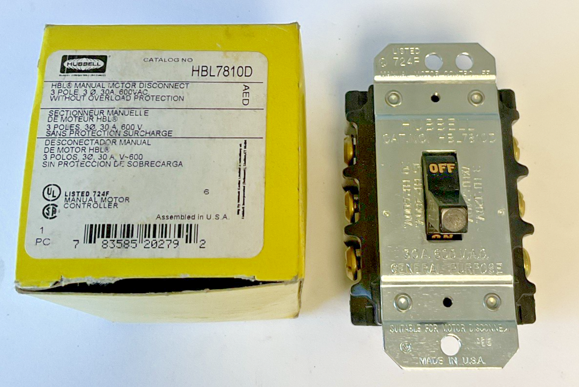 HUBBELL HBL7810D MANUAL MOTOR DISCONNECT 3POLE 3WIRE 30A 600VAC1