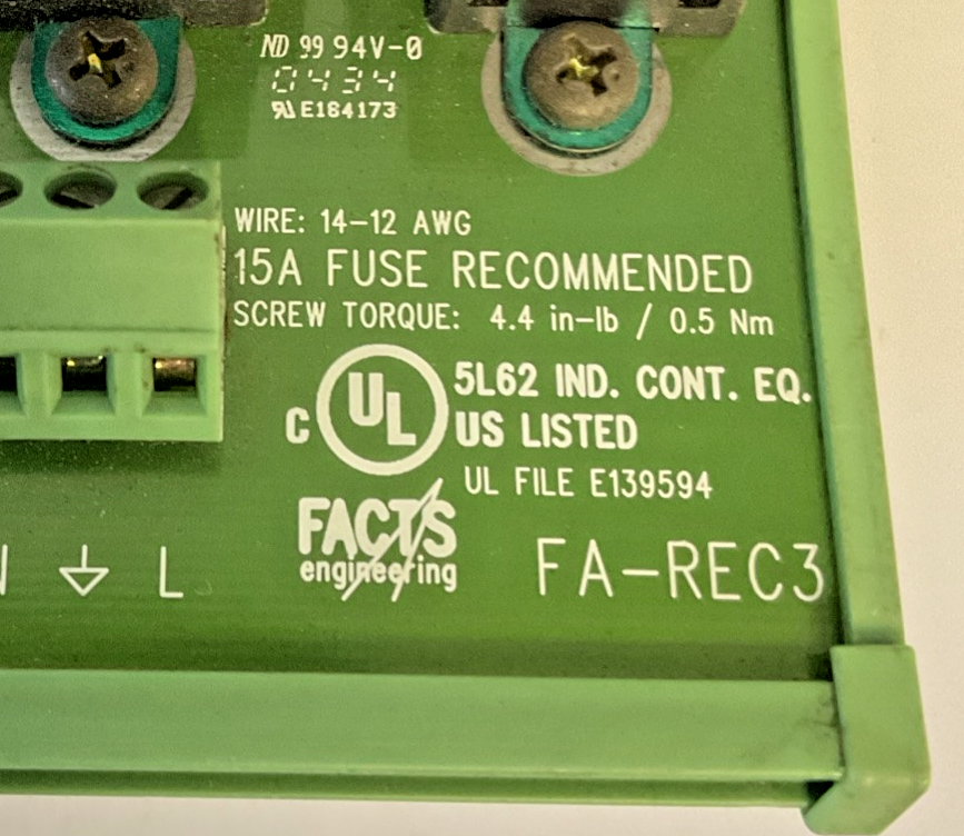 FACTS ENGINEERING FA-REC3 3 PLUG 3 RECEPTABLE 94V-0 14-12AWG 125VAC 15A1