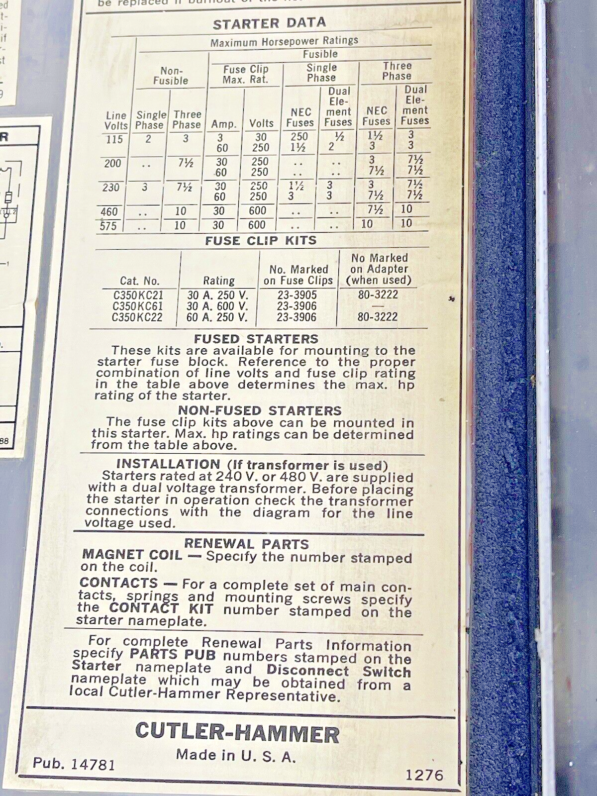 CUTLER HAMMER - A30CWA0 A2- COMBINATION MOTOR STARTER WITH MOTOR CIRCUIT SWITCH5