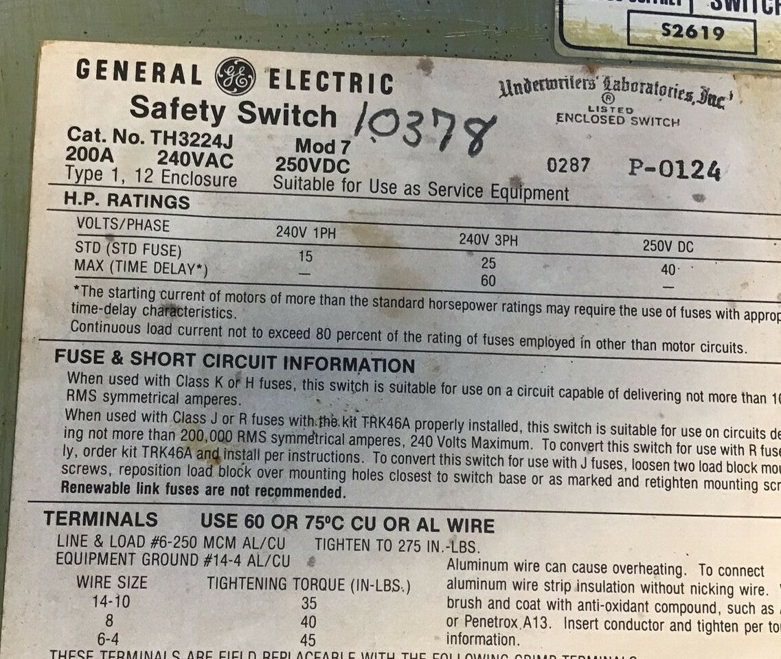 GE TH3224J MODEL 7 FUSIBLE SAFETY SWITCH 200A 240VAC 250VDC 60HP 2P8