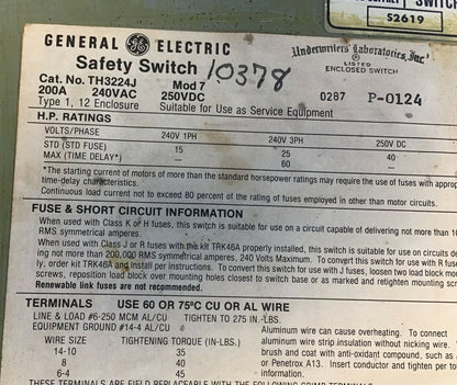 GE TH3224J MODEL 7 FUSIBLE SAFETY SWITCH 200A 240VAC 250VDC 60HP 2P8
