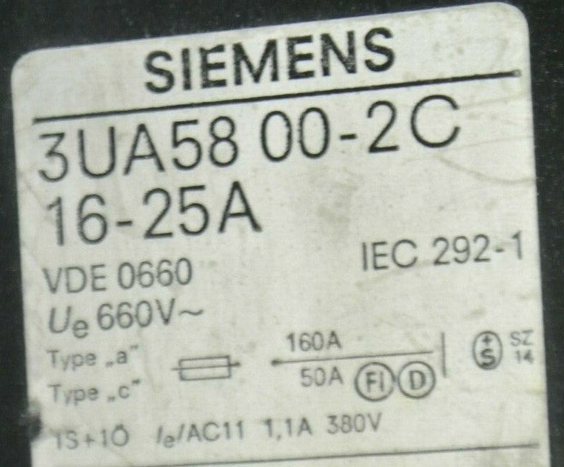 SIEMENS 3UA58 00-2C OVERLOAD RELAY / 16-25 AMP  1