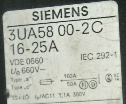 SIEMENS 3UA58 00-2C OVERLOAD RELAY / 16-25 AMP  1