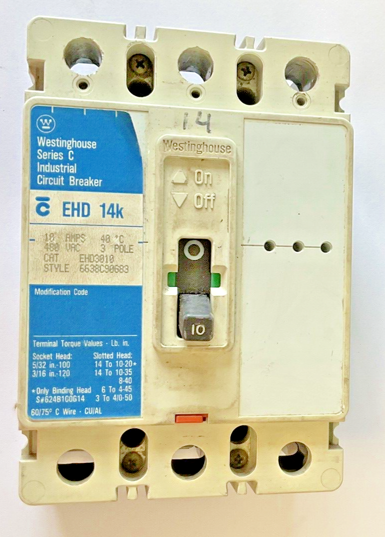 WESTINGHOUSE EHD3010 CIRCUIT BREAKER EHD 14K 3POLE 10A 480VAC SER.C0