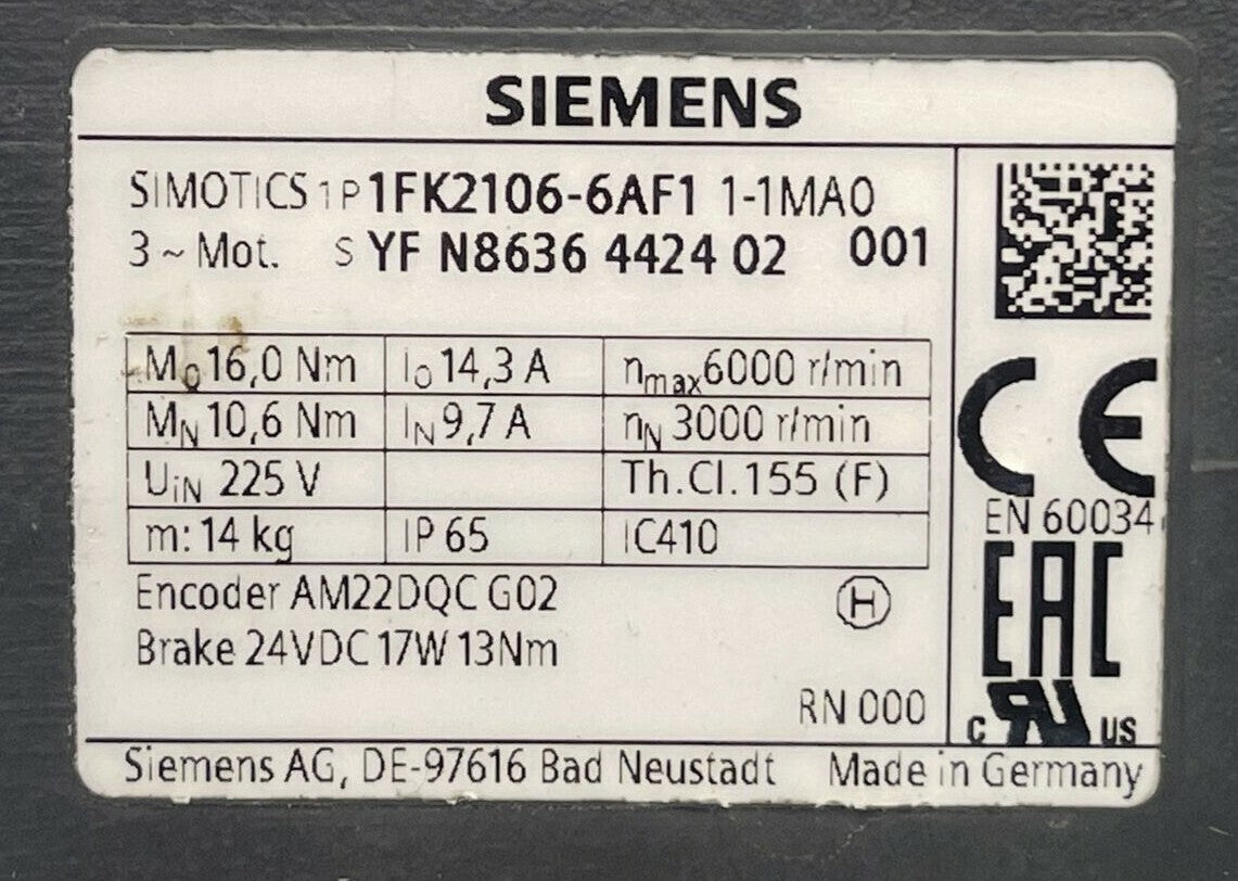 SIEMENS 1P 1FK2106-6AF1 1-1MA0 SIMOTICS SERVO MOTOR1