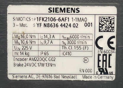 SIEMENS 1P 1FK2106-6AF1 1-1MA0 SIMOTICS SERVO MOTOR1
