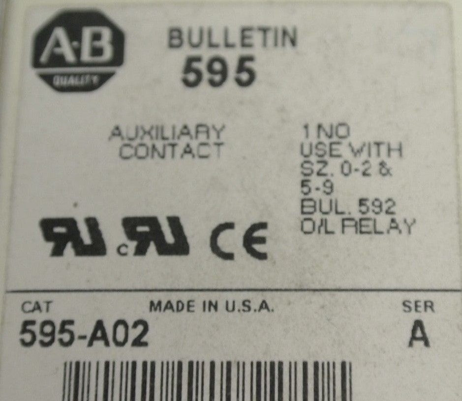 ALLEN-BRADLEY 595-A02 AUXILIARY CONTACT / 1 N.O. / SIZES 0-2 & 5-9 / NEW SURPLUS5