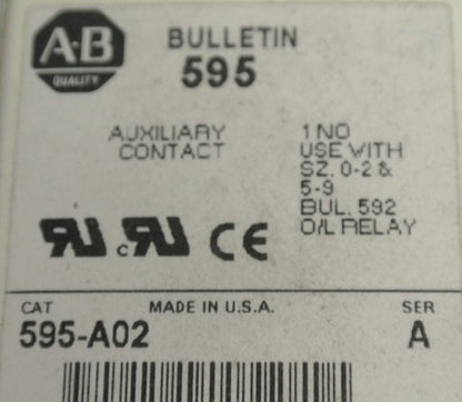 ALLEN-BRADLEY 595-A02 AUXILIARY CONTACT / 1 N.O. / SIZES 0-2 & 5-9 / NEW SURPLUS5