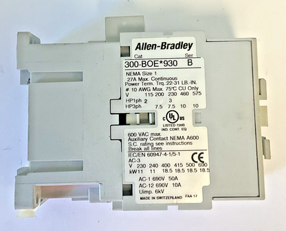 ALLEN BRADLEY 300-BOE*930 CONTACTOR  SER.B SIZE 1 27A 600VAC2