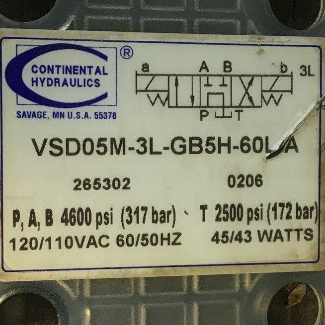 CONTINENTAL HYDRAULICS VSD05M-3L-GB5H-60L-A DIRECTIONAL VALVE 120/110VAC60/50HZ 1