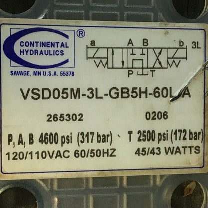 CONTINENTAL HYDRAULICS VSD05M-3L-GB5H-60L-A DIRECTIONAL VALVE 120/110VAC60/50HZ 1